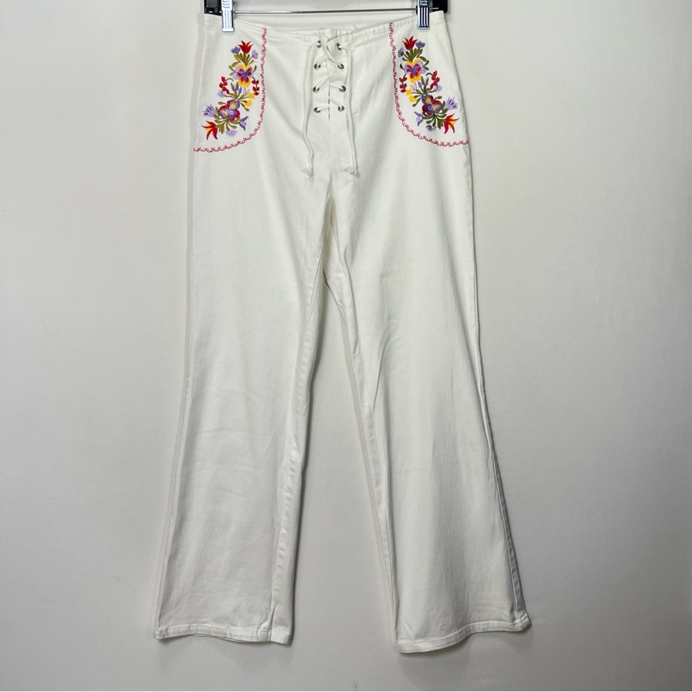 Vintage CLIO Flare Pants Womens Size 10 White Flower Embroidery Lace Up Closure